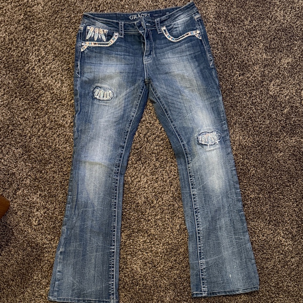 Grace in LA Blue Flare Jeans with Distressed Accents